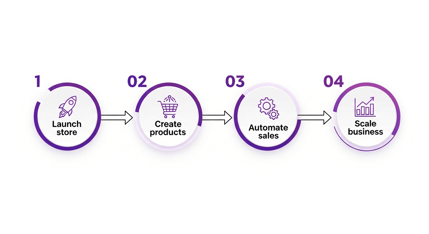 Four-step creator journey: Launch, Create, Automate, Profit