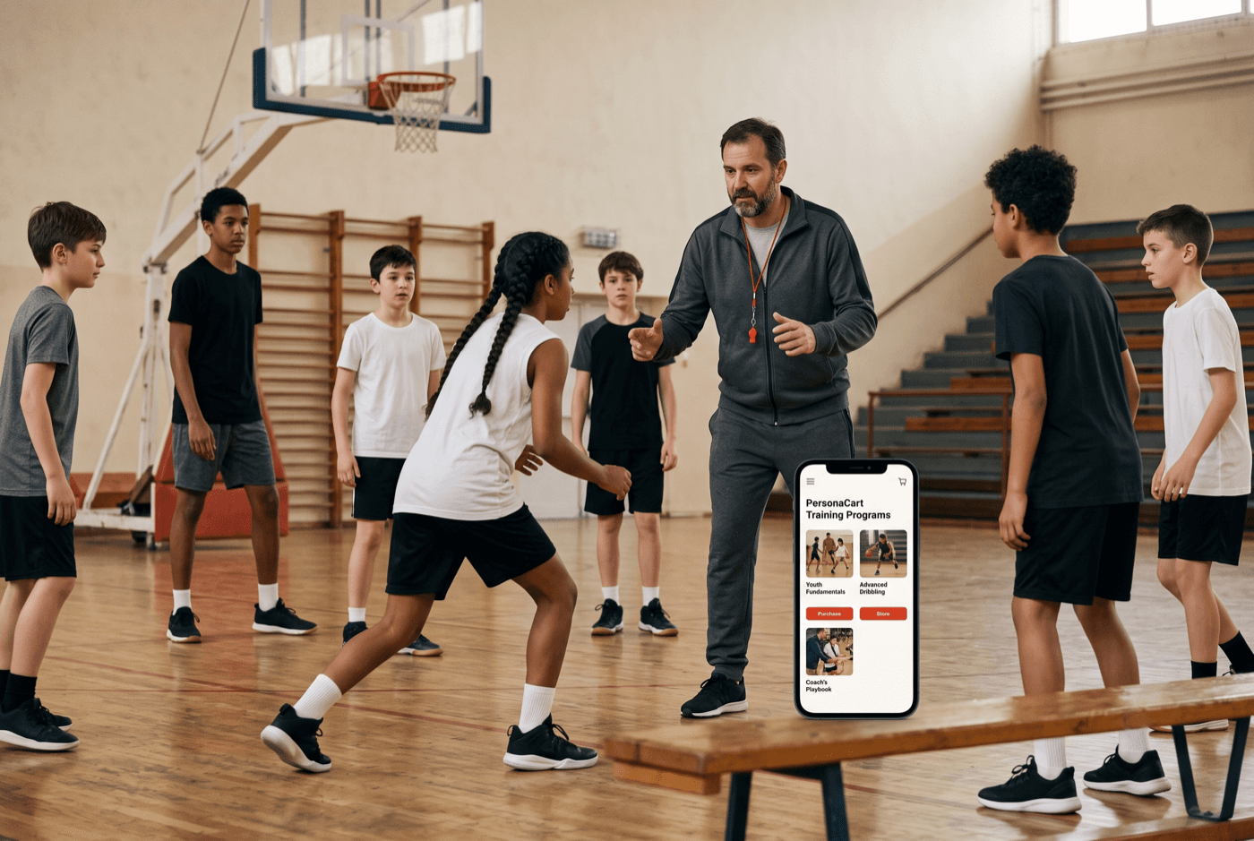 Basketball coach running a drill, store open on a phone