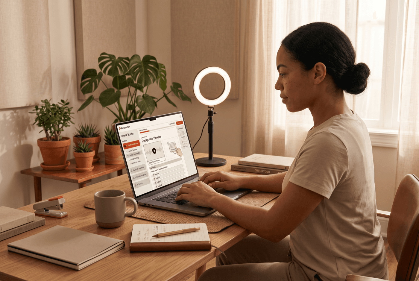 Course creator at a desk, course editor open on screen