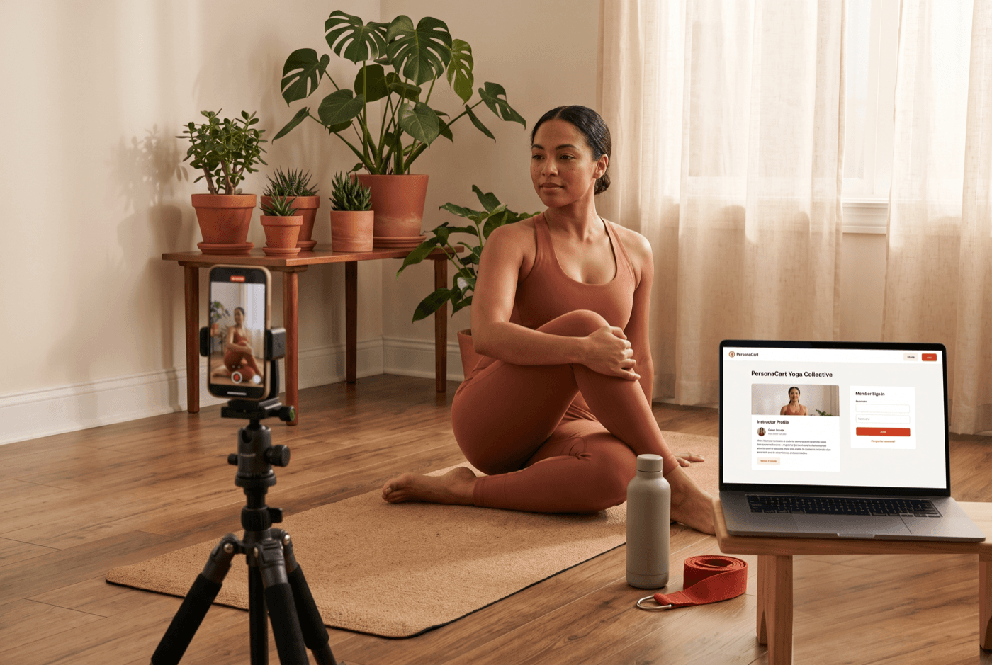 Yoga instructor filming a calm class at home
