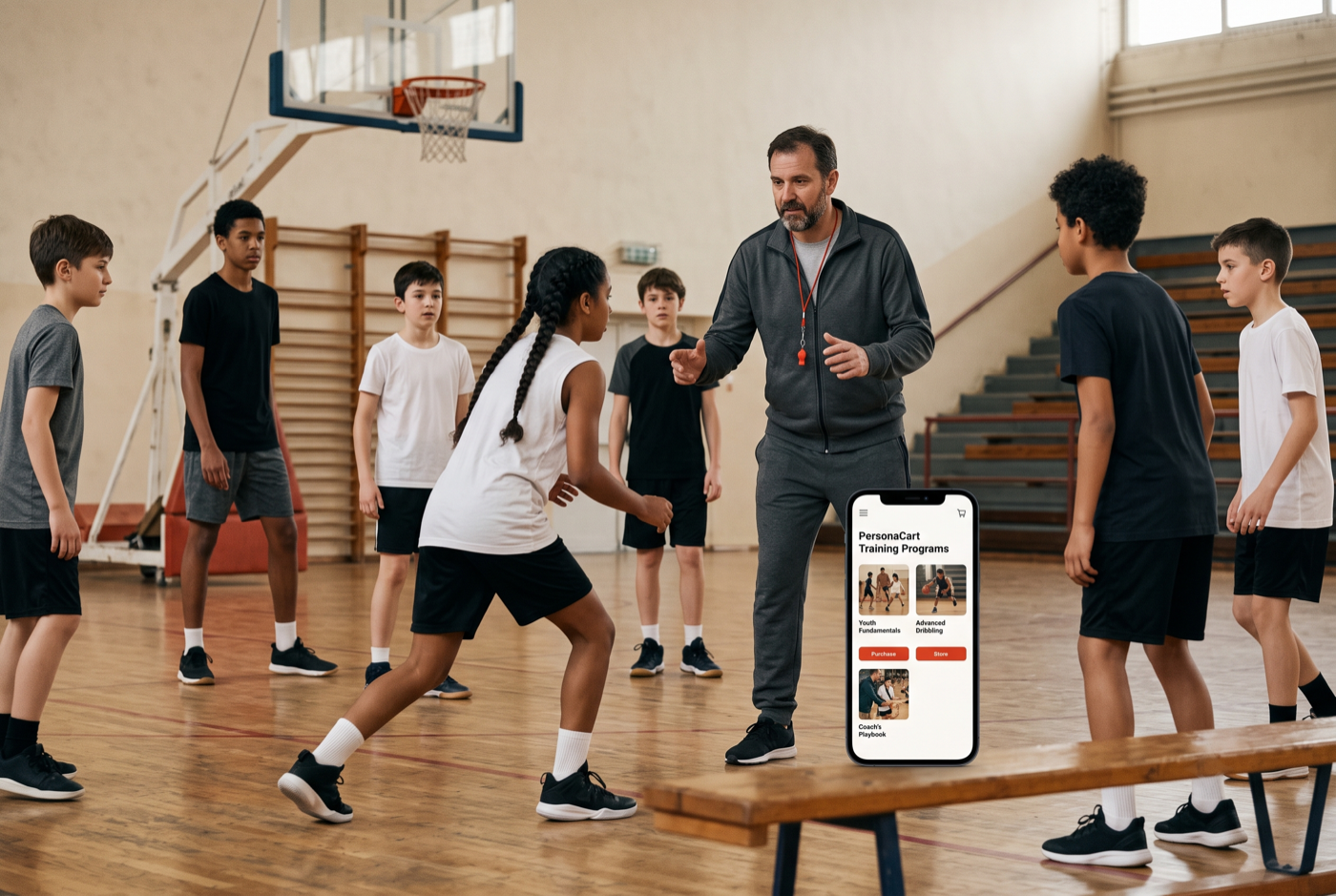 Basketball coach running a drill, store open on a phone
