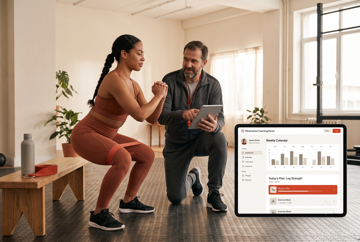 Fitness coach with a client, coaching dashboard on screen