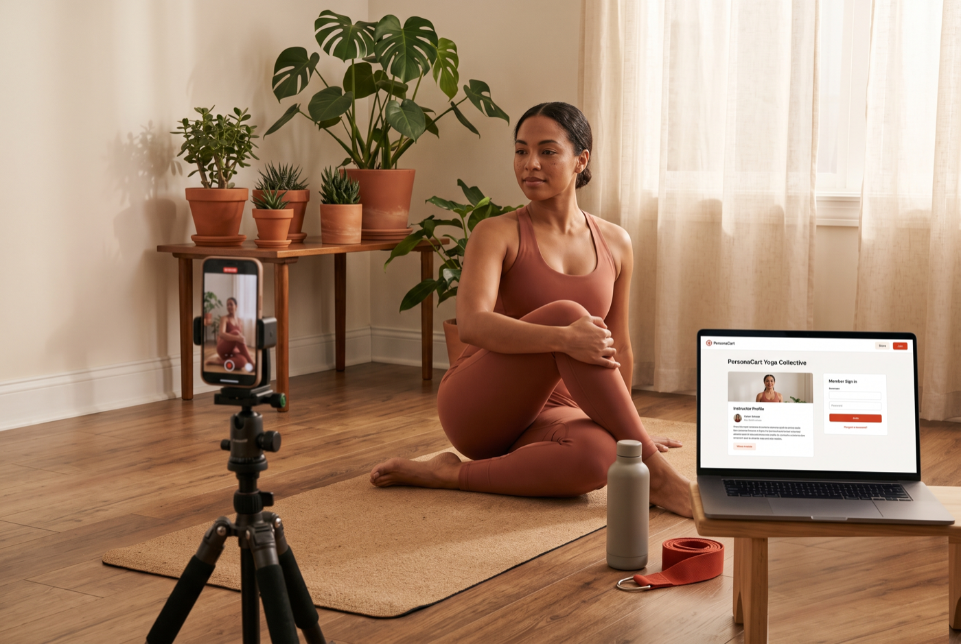 Yoga instructor filming a calm class at home